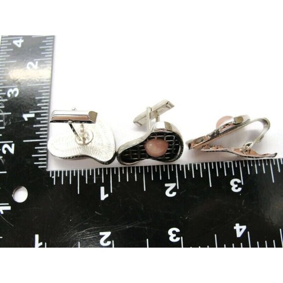 Pink Black & Silver-Tone Cufflinks & Clasp Checkered Set Tux Shirt Suit Vtg - Picture 3 of 8